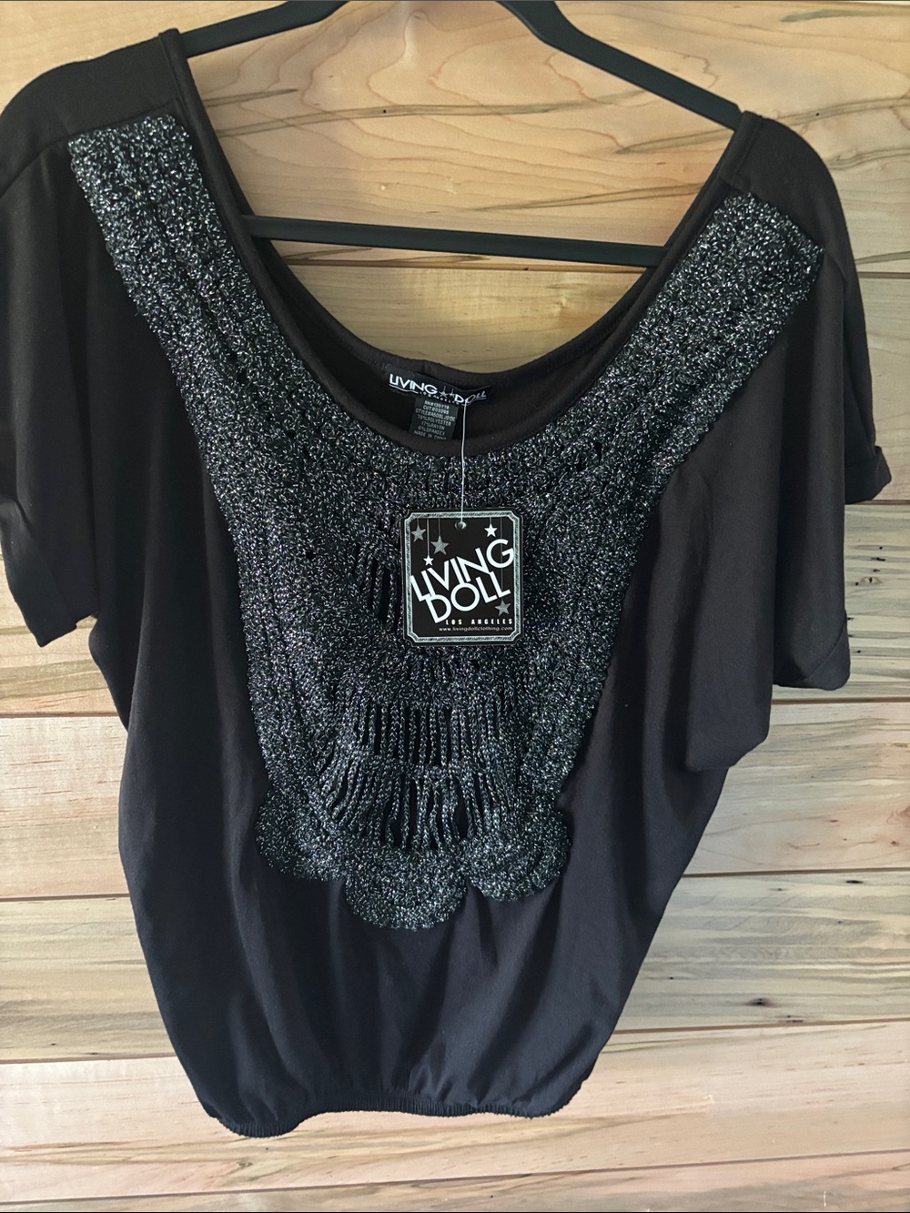 Living Doll Black Top with Sparkle Crochet Yoke